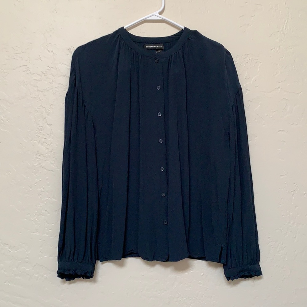Worn Once/Euc Something Navy Collarless Blouse - image 1